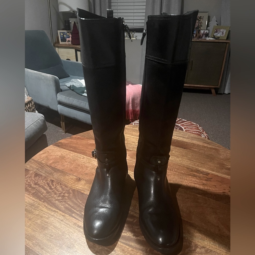 TORY BURCH SIMONE RIDING TALL FLAT EQUESTRIAN BOOTS LOGO BLACK LEATHER W SIZE 11